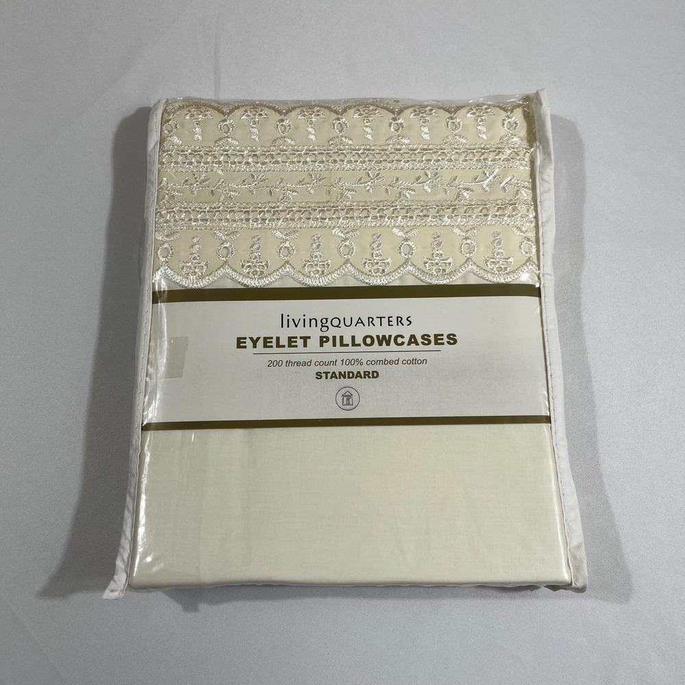 LivingQuarters Eyelet Pillowcases Set Bone Off White Cotton Lace Trim Standard 2